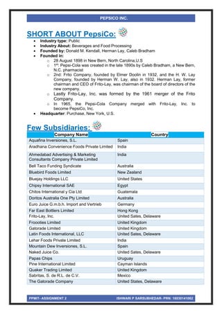 PPMIT- ASSIGNMENT 2 ISHWARI P SARSUBHEDAR- PRN: 16030141062
PEPSICO INC.
SHORT ABOUT PepsiCo:
 Industry type: Public
 Industry About: Beverages and Food Processing
 Founded by: Donald M. Kendall, Herman Lay, Caleb Bradham
 Founded in:
o 28 August 1898 in New Bern, North Carolina,U.S
o 1st
: Pepsi-Cola was created in the late 1890s by Caleb Bradham, a New Bern,
N.C. pharmacist
o 2nd: Frito Company, founded by Elmer Doolin in 1932, and the H. W. Lay
Company, founded by Herman W. Lay, also in 1932. Herman Lay, former
chairman and CEO of Frito-Lay, was chairman of the board of directors of the
new company.
o Lastly Frito-Lay, Inc. was formed by the 1961 merger of the Frito
Company.
o In 1965, the Pepsi-Cola Company merged with Frito-Lay, Inc. to
become PepsiCo, Inc.
 Headquarter: Purchase, New York, U.S.
Few Subsidiaries:
Company Name Country
Aquafina Inversiones, S.L. Spain
Aradhana Convenience Foods Private Limited India
Ahmedabad Advertising & Marketing
Consultants Company Private Limited
India
Bell Taco Funding Syndicate Australia
Bluebird Foods Limited New Zealand
Bluejay Holdings LLC United States
Chipsy International SAE Egypt
Chitos International y Cia Ltd Guatemala
Doritos Australia One Pty Limited Australia
Euro Juice G.m.b.h. Import and Vertrieb Germany
Far East Bottlers Limited Hong Kong
Frito-Lay, Inc. United Sates, Delaware
Froooties Limited United Kingdom
Gatorade Limited United Kingdom
Latin Foods International, LLC United Sates, Delaware
Lehar Foods Private Limited India
Mountain Dew Inversiones, S.L. Spain
Naked Juice Co. United Sates, Delaware
Papas Chips Uruguay
Pine International Limited Cayman Islands
Quaker Trading Limited United Kingdom
Sabritas, S. de R.L. de C.V. Mexico
The Gatorade Company United States, Delaware
 