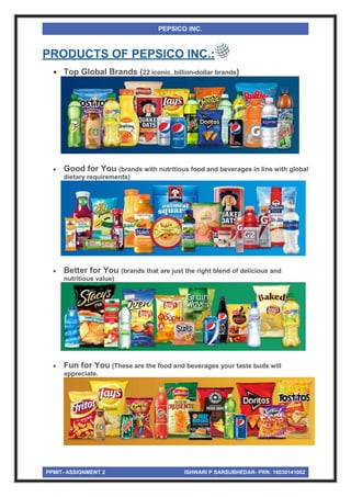 PPMIT- ASSIGNMENT 2 ISHWARI P SARSUBHEDAR- PRN: 16030141062
PEPSICO INC.
PRODUCTS OF PEPSICO INC.:
 Top Global Brands (22 iconic, billion-dollar brands)
 Good for You (brands with nutritious food and beverages in line with global
dietary requirements)
 Better for You (brands that are just the right blend of delicious and
nutritious value)
 Fun for You (These are the food and beverages your taste buds will
appreciate.
 
