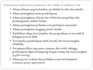 Keberhasilan implementasi kurikulum 2013 dilihat dr indikator2 sbb:
 Adanya lulusan yang berkualitas, produktif, kreatif, dan mandiri.
 Adanya peningkatan mutu pembelajaran.
 Adanya peningkatan efisiensi dan efektivitas pengelolaan dan
pendayagunaan sumber belajar.
 Adanya peningkatan perhatian serta partisipasi masyarakat.
 Adanya peningkatan tanggung jawab sekolah.
 Tumbuhnya sikap, keterampilan, dan pengetahuan secara utuh di
kalangan peserta didik
 Terwujudnya pembelajaran aktif, kreatif, dan menyenangkan
(PAKEM).
 Terciptanya iklim yang aman, nyaman, dan tertib, sehingga
pembelajaran dapat berlangsung dengan tenang dan menyenangkan
(joyfull learning).
 Adanya proses evaluasi dan perbaikan secara berkelanjutan
(continous quality improvement).
 