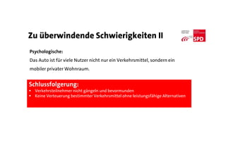 Zu überwindende Schwierigkeiten II
Psychologische:
Das Auto ist für viele Nutzer nicht nur ein Verkehrsmittel, sondern ein
mobiler privater Wohnraum.
Schlussfolgerung:
 Verkehrsteilnehmer nicht gängeln und bevormunden
 Keine Verteuerung bestimmter Verkehrsmittel ohne leistungsfähige Alternativen
 