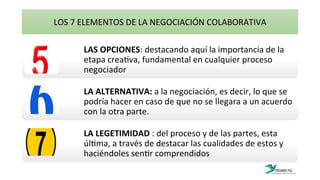 LAS	
  OPCIONES:	
  destacando	
  aquí	
  la	
  importancia	
  de	
  la	
  
etapa	
  crea:va,	
  fundamental	
  en	
  cualquier	
  proceso	
  
negociador	
  
LA	
  ALTERNATIVA:	
  a	
  la	
  negociación,	
  es	
  decir,	
  lo	
  que	
  se	
  
podría	
  hacer	
  en	
  caso	
  de	
  que	
  no	
  se	
  llegara	
  a	
  un	
  acuerdo	
  
con	
  la	
  otra	
  parte.	
  
LA	
  LEGETIMIDAD	
  :	
  del	
  proceso	
  y	
  de	
  las	
  partes,	
  esta	
  
úl:ma,	
  a	
  través	
  de	
  destacar	
  las	
  cualidades	
  de	
  estos	
  y	
  
haciéndoles	
  sen:r	
  comprendidos	
  
LOS	
  7	
  ELEMENTOS	
  DE	
  LA	
  NEGOCIACIÓN	
  COLABORATIVA	
  
 