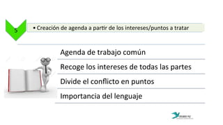 Agenda	
  de	
  trabajo	
  común	
  
Recoge	
  los	
  intereses	
  de	
  todas	
  las	
  partes	
  
Divide	
  el	
  conﬂicto	
  en	
  puntos	
  
Importancia	
  del	
  lenguaje	
  
5	
   • Creación	
  de	
  agenda	
  a	
  par:r	
  de	
  los	
  intereses/puntos	
  a	
  tratar	
  
 