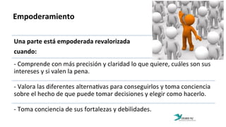 Empoderamiento	
  
Una	
  parte	
  está	
  empoderada	
  revalorizada	
  	
  
cuando:	
  
-­‐	
  Comprende	
  con	
  más	
  precisión	
  y	
  claridad	
  lo	
  que	
  quiere,	
  cuáles	
  son	
  sus	
  
intereses	
  y	
  si	
  valen	
  la	
  pena.	
  
-­‐	
  Valora	
  las	
  diferentes	
  alterna:vas	
  para	
  conseguirlos	
  y	
  toma	
  conciencia	
  
sobre	
  el	
  hecho	
  de	
  que	
  puede	
  tomar	
  decisiones	
  y	
  elegir	
  como	
  hacerlo.	
  
-­‐	
  Toma	
  conciencia	
  de	
  sus	
  fortalezas	
  y	
  debilidades.	
  
 
