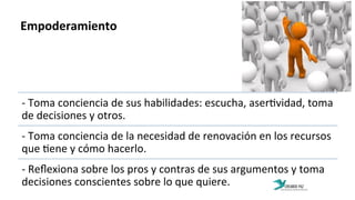 Empoderamiento	
  
-­‐	
  Toma	
  conciencia	
  de	
  sus	
  habilidades:	
  escucha,	
  aser:vidad,	
  toma	
  
de	
  decisiones	
  y	
  otros.	
  
-­‐	
  Toma	
  conciencia	
  de	
  la	
  necesidad	
  de	
  renovación	
  en	
  los	
  recursos	
  
que	
  :ene	
  y	
  cómo	
  hacerlo.	
  
-­‐	
  Reﬂexiona	
  sobre	
  los	
  pros	
  y	
  contras	
  de	
  sus	
  argumentos	
  y	
  toma	
  
decisiones	
  conscientes	
  sobre	
  lo	
  que	
  quiere.	
  
 