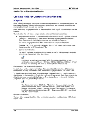 Demand Management (PP-MP-DEM) SAP AG
Creating PIRs for Characteristics Planning
108 April 2001
Creating PIRs for Characteristics Planning
Purpose
When creating or changing the planned independent requirements for configurable materials, the
quantities and dates of the planned independent requirements and the usage probabilities are
maintained individually per date and quantity.
When maintaining usage probabilities for the combination value keys of a characteristic, note the
following:
Characteristics that only allow a simple valuation (also restrictable characteristics)
· Required characteristics: To create required characteristics, choose Logisitics ® Central
Function ® Classification ® Characteristic ® Create. On the Create Characteristic:
Basic Data screen in the Entry Control group box, select Entry Required.
The sum of usage probabilities of the combination value keys must be 100%.
Example: The CPU is a required component of a PC. This means that you must have
the same number of CPU boards and PCs.
· Optional characteristics:
The sum of the usage probabilities do not have to be 100%. The difference is assigned
to the formal characteristic value Non-valued.
A modem is an optional component of a PC. The usage probabilities for two
combination value keys Modem = 14 Kbaud (30%) and 28 Kbaud (35%) are 65% of
the PCs. The remaining 35% have no modem (Modem = non-valued).
Characteristics that allow multiple valuation
Several values can be assigned to this type of characteristic at the same time. Characteristic
values do not mutually exclude each other. The sum of usage probabilities can exceed 100%.
To create characteristics that allow multiple valuation, choose Logisitics ® Central Function ®
Classification ® Characteristic ® Create. On the Create Characteristic: Basic Data screen in the
Entry Control group box, select Entry Required. Then choose Extras ® Format. In the Value
Assignment group box, select Multiple Values.
The characteristic ‘extras’ (EX) for the PC can have the values ‘co-processor for
graphical applications’, ‘sound card’ and ‘proshare’. A sales order for a PC could
have the characteristic values EX = sound card and EX = proshare. You can enter
the following configuration percentages: EX = Co-processor 60%, EX = sound card
70%, EX = proshare 30 %.
Required characteristic:
The sum of the usage probabilities of the combination value keys must be at least 100%. It can
exceed 100%.
 