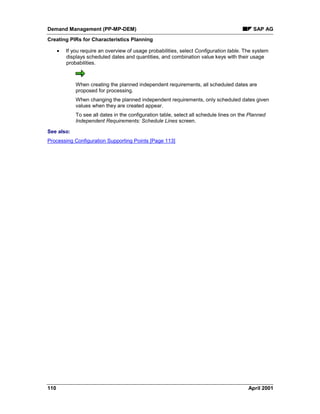 Demand Management (PP-MP-DEM) SAP AG
Creating PIRs for Characteristics Planning
110 April 2001
· If you require an overview of usage probabilities, select Configuration table. The system
displays scheduled dates and quantities, and combination value keys with their usage
probabilities.
When creating the planned independent requirements, all scheduled dates are
proposed for processing.
When changing the planned independent requirements, only scheduled dates given
values when they are created appear.
To see all dates in the configuration table, select all schedule lines on the Planned
Independent Requirements: Schedule Lines screen.
See also:
Processing Configuration Supporting Points [Page 113]
 
