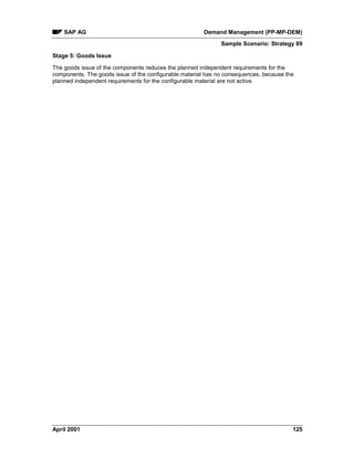 SAP AG Demand Management (PP-MP-DEM)
Sample Scenario: Strategy 89
April 2001 125
Stage 5: Goods Issue
The goods issue of the components reduces the planned independent requirements for the
components. The goods issue of the configurable material has no consequences, because the
planned independent requirements for the configurable material are not active.
 
