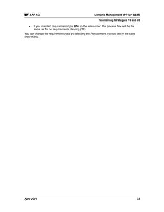 SAP AG Demand Management (PP-MP-DEM)
Combining Strategies 10 and 30
April 2001 33
· If you maintain requirements type KSL in the sales order, the process flow will be the
same as for net requirements planning (10).
You can change the requirements type by selecting the Procurement type tab title in the sales
order menu.
 