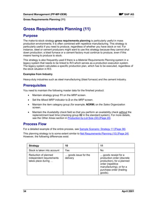 Demand Management (PP-MP-DEM) SAP AG
Gross Requirements Planning (11)
34 April 2001
Gross Requirements Planning (11)
Purpose
The make-to-stock strategy gross requirements planning is particularly useful in mass
production environments; it is often combined with repetitive manufacturing. This strategy is
particularly useful if you need to produce, regardless of whether you have stock or not. For
instance, steel or cement producers might want to use this strategy because they cannot shut
down production; a blast furnace or a cement factory must continue to produce, even if this
means having to produce to stock.
This strategy is also frequently used if there is a Material Requirements Planning system in a
legacy system that needs to be linked to R/3 which serves as a production execution system.
The legacy system calculates a specific production plan, which has to be executed, regardless of
the stock situation in R/3.
Examples from Industry
Heavy-duty industries such as steel manufacturing (blast furnace) and the cement industry.
Prerequisites
You need to maintain the following master data for the finished product:
· Maintain strategy group 11 on the MRP screen.
· Set the Mixed MRP indicator to 2 on the MRP screen.
· Maintain the item category group (for example, NORM) on the Sales Organization
screen.
· Maintain the Availability check field so that you perform an availability check without the
replenishment lead time (checking group 02 in the standard system). For more details,
see the Other Areas section in Production by Lot Size (30) [Page 20].
Process Flow
For a detailed example of the entire process, see Sample Scenario: Strategy 11 [Page 36].
This planning strategy is to some extent similar to Net Requirements Planning (10) [Page 24].
However, the following differences exist:
Strategy 10 11
Stock is taken into account Yes No
Reduction of planned
independent requirements
takes place during …
… goods issue for the
delivery
... goods receipt for a
production order (discrete
production), for a planned
order (repetitive
manufacturing), or for a
purchase order (trading
goods).
 