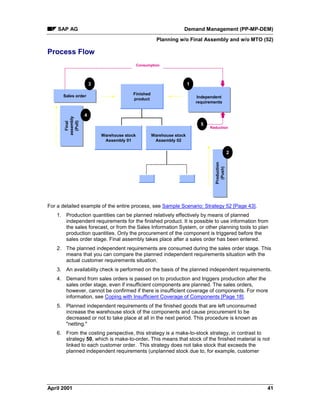 SAP AG Demand Management (PP-MP-DEM)
Planning w/o Final Assembly and w/o MTO (52)
April 2001 41
Process Flow
Sales orderSales order Independent
requirements
Independent
requirements
Finished
product
Production
(Push)
Production
(Push)
Warehouse stock
Assembly 01
Warehouse stock
Assembly 02
Final
assembly
(Pull)
Final
assembly
(Pull)
1
2
3
4
Consumption
5
Reduction
For a detailed example of the entire process, see Sample Scenario: Strategy 52 [Page 43].
1. Production quantities can be planned relatively effectively by means of planned
independent requirements for the finished product. It is possible to use information from
the sales forecast, or from the Sales Information System, or other planning tools to plan
production quantities. Only the procurement of the component is triggered before the
sales order stage. Final assembly takes place after a sales order has been entered.
2. The planned independent requirements are consumed during the sales order stage. This
means that you can compare the planned independent requirements situation with the
actual customer requirements situation.
3. An availability check is performed on the basis of the planned independent requirements.
4. Demand from sales orders is passed on to production and triggers production after the
sales order stage, even if insufficient components are planned. The sales orders,
however, cannot be confirmed if there is insufficient coverage of components. For more
information, see Coping with Insufficient Coverage of Components [Page 18].
5. Planned independent requirements of the finished goods that are left unconsumed
increase the warehouse stock of the components and cause procurement to be
decreased or not to take place at all in the next period. This procedure is known as
"netting."
6. From the costing perspective, this strategy is a make-to-stock strategy, in contrast to
strategy 50, which is make-to-order. This means that stock of the finished material is not
linked to each customer order. This strategy does not take stock that exceeds the
planned independent requirements (unplanned stock due to, for example, customer
 