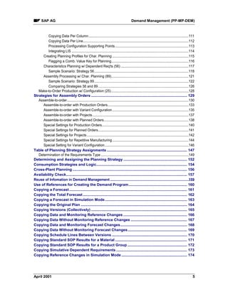 SAP AG Demand Management (PP-MP-DEM)
April 2001 5
Copying Data Per Column..........................................................................................................111
Copying Data Per Line................................................................................................................112
Processing Configuration Supporting Points..............................................................................113
Integrating LIS ............................................................................................................................114
Creating Planning Profiles for Char. Planning .................................................................................115
Flagging a Comb. Value Key for Planning..................................................................................116
Characteristics Planning w/ Dependent Req'ts (56) ........................................................................117
Sample Scenario: Strategy 56....................................................................................................118
Assembly Processing w/ Char. Planning (89)..................................................................................121
Sample Scenario: Strategy 89....................................................................................................122
Comparing Strategies 56 and 89................................................................................................126
Make-to-Order Production w/ Configuration (25)..................................................................................128
Strategies for Assembly Orders ............................................................................................ 129
Assemble-to-order.................................................................................................................................130
Assemble-to-order with Production Orders......................................................................................133
Assemble-to-order with Variant Configuration.................................................................................135
Assemble-to-order with Projects......................................................................................................137
Assemble-to-order with Planned Orders..........................................................................................138
Special Settings for Production Orders............................................................................................140
Special Settings for Planned Orders................................................................................................141
Special Settings for Projects............................................................................................................142
Special Settings for Repetitive Manufacturing.................................................................................144
Special Setting for Variant Configuration.........................................................................................146
Table of Planning Strategy Assignments ............................................................................. 147
Determination of the Requirements Type .............................................................................................149
Determining and Assigning the Planning Strategy ............................................................. 152
Consumption Strategies and Logic....................................................................................... 154
Cross-Plant Planning .............................................................................................................. 156
Availability Check.................................................................................................................... 157
Reuse of Infomation in Demand Management ......................................................................................159
Use of References for Creating the Demand Program........................................................ 160
Copying a Forecast ................................................................................................................. 161
Copying the Total Forecast.................................................................................................... 162
Copying a Forecast in Simulation Mode............................................................................... 163
Copying the Original Plan ...................................................................................................... 164
Copying Versions (Collectively) ............................................................................................ 165
Copying Data and Monitoring Reference Changes ............................................................. 166
Copying Data Without Monitoring Reference Changes ...................................................... 167
Copying Data and Monitoring Forecast Changes................................................................ 168
Copying Data Without Monitoring Forecast Changes......................................................... 169
Copying Schedule Lines Between Versions ........................................................................ 170
Copying Standard SOP Results for a Material ..................................................................... 171
Copying Standard SOP Results for a Product Group ......................................................... 172
Copying Simulative Dependent Requirements .................................................................... 173
Copying Reference Changes in Simulation Mode ............................................................... 174
 