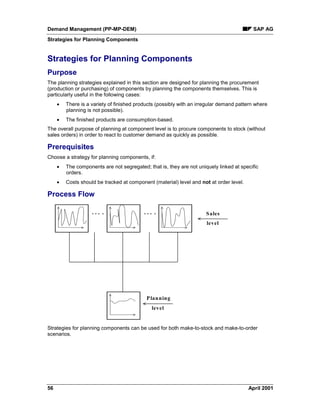 Demand Management (PP-MP-DEM) SAP AG
Strategies for Planning Components
56 April 2001
Strategies for Planning Components
Purpose
The planning strategies explained in this section are designed for planning the procurement
(production or purchasing) of components by planning the components themselves. This is
particularly useful in the following cases:
· There is a variety of finished products (possibly with an irregular demand pattern where
planning is not possible).
· The finished products are consumption-based.
The overall purpose of planning at component level is to procure components to stock (without
sales orders) in order to react to customer demand as quickly as possible.
Prerequisites
Choose a strategy for planning components, if:
· The components are not segregated; that is, they are not uniquely linked at specific
orders.
· Costs should be tracked at component (material) level and not at order level.
Process Flow
… . … .
Planning
level
Sales
level
Strategies for planning components can be used for both make-to-stock and make-to-order
scenarios.
 