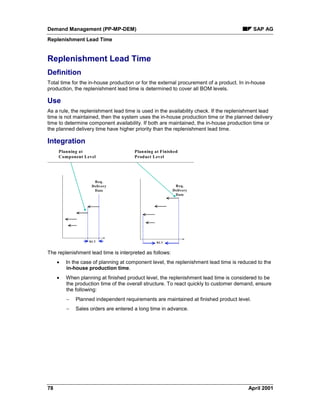 Demand Management (PP-MP-DEM) SAP AG
Replenishment Lead Time
78 April 2001
Replenishment Lead Time
Definition
Total time for the in-house production or for the external procurement of a product. In in-house
production, the replenishment lead time is determined to cover all BOM levels.
Use
As a rule, the replenishment lead time is used in the availability check. If the replenishment lead
time is not maintained, then the system uses the in-house production time or the planned delivery
time to determine component availability. If both are maintained, the in-house production time or
the planned delivery time have higher priority than the replenishment lead time.
Integration
RLT
Req.
Delivery
Date
Planning at
Component Level
RLT
Req.
Delivery
Date
Planning at Finished
Product Level
The replenishment lead time is interpreted as follows:
· In the case of planning at component level, the replenishment lead time is reduced to the
in-house production time.
· When planning at finished product level, the replenishment lead time is considered to be
the production time of the overall structure. To react quickly to customer demand, ensure
the following:
- Planned independent requirements are maintained at finished product level.
- Sales orders are entered a long time in advance.
 