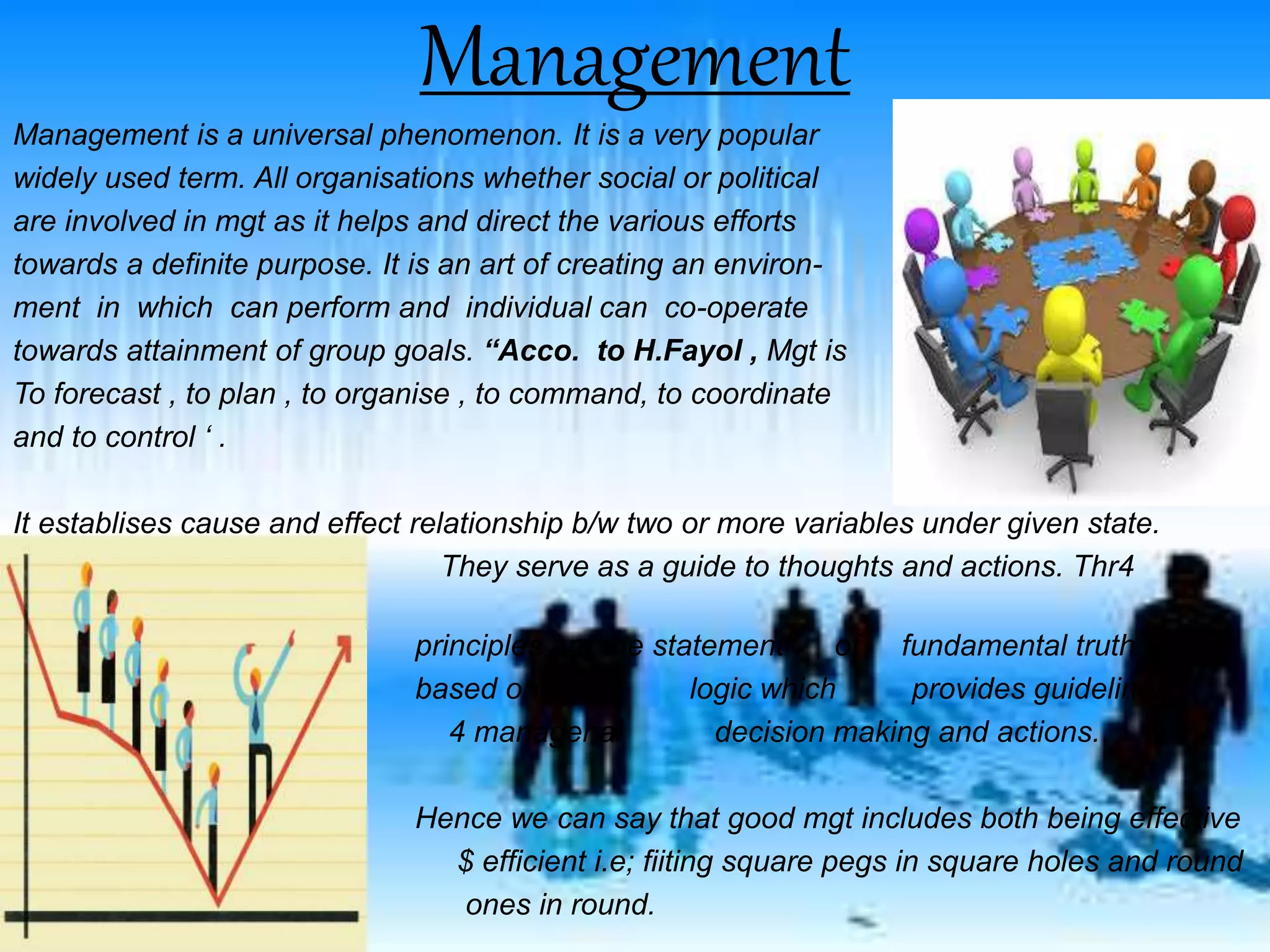 Management
Management is a universal phenomenon. It is a very popular
widely used term. All organisations whether social or political
are involved in mgt as it helps and direct the various efforts
towards a definite purpose. It is an art of creating an environ-
ment in which can perform and individual can co-operate
towards attainment of group goals. “Acco. to H.Fayol , Mgt is
To forecast , to plan , to organise , to command, to coordinate
and to control ‘ .
It establises cause and effect relationship b/w two or more variables under given state.
They serve as a guide to thoughts and actions. Thr4
mgt
principles are the statement of fundamental truth
based on logic which provides guidelines
4 managerial decision making and actions.
Hence we can say that good mgt includes both being effective
$ efficient i.e; fiiting square pegs in square holes and round
ones in round.
 
