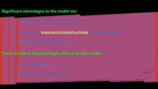 Significant advantages to the model are: 
- The process is an easy step-by-step model. 
- The focus is on preparing and accepting change, not the actual change. 
- Transition is easier with this model. 
There are some disadvantages offered by this model: 
- Steps can’t be skipped. 
- The process takes a great deal of time. 
 