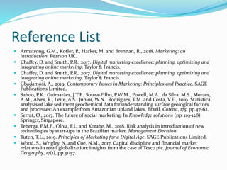 Reference List
 Armstrong, G.M., Kotler, P., Harker, M. and Brennan, R., 2018. Marketing: an
introduction. Pearson UK.
 Chaffey, D. and Smith, P.R., 2017. Digital marketing excellence: planning, optimizing and
integrating online marketing. Taylor & Francis.
 Chaffey, D. and Smith, P.R., 2017. Digital marketing excellence: planning, optimizing and
integrating online marketing. Taylor & Francis.
 Gbadamosi, A., 2019. Contemporary Issues in Marketing: Principles and Practice. SAGE
Publications Limited.
 Sahoo, P.K., Guimarães, J.T.F., Souza-Filho, P.W.M., Powell, M.A., da Silva, M.S., Moraes,
A.M., Alves, R., Leite, A.S., Júnior, W.N., Rodrigues, T.M. and Costa, V.E., 2019. Statistical
analysis of lake sediment geochemical data for understanding surface geological factors
and processes: An example from Amazonian upland lakes, Brazil. Catena, 175, pp.47-62.
 Serrat, O., 2017. The future of social marketing. In Knowledge solutions (pp. 119-128).
Springer, Singapore.
 Teberga, P.M.F., Oliva, F.L. and Kotabe, M., 2018. Risk analysis in introduction of new
technologies by start-ups in the Brazilian market. Management Decision.
 Tuten, T.L., 2019. Principles of Marketing for a Digital Age. SAGE Publications Limited.
 Wood, S., Wrigley, N. and Coe, N.M., 2017. Capital discipline and financial market
relations in retail globalization: insights from the case of Tesco plc. Journal of Economic
Geography, 17(1), pp.31-57.
 