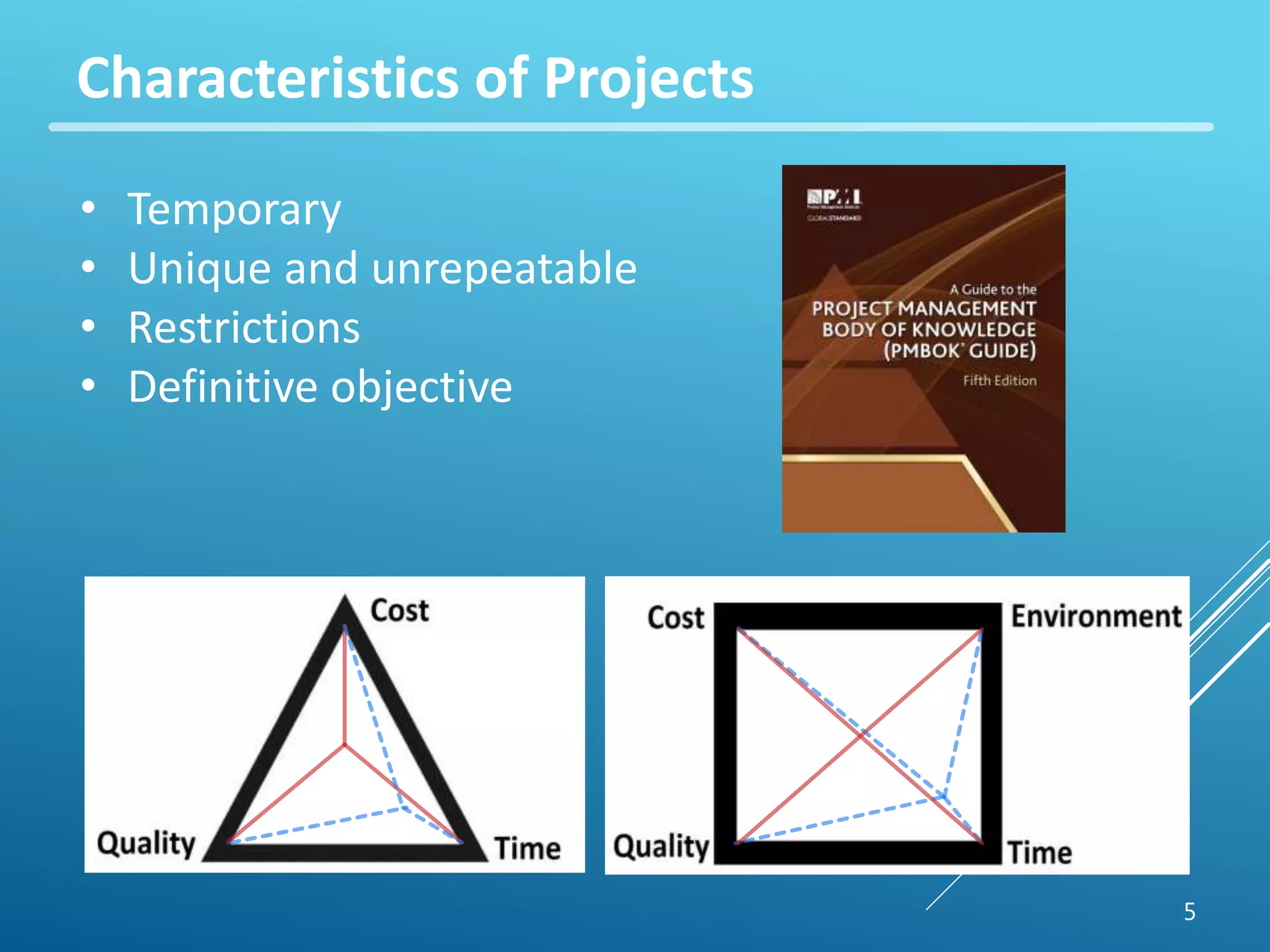 Characteristics of Projects 
• Temporary 
• Unique and unrepeatable 
• Restrictions 
• Definitive objective 
5 
 