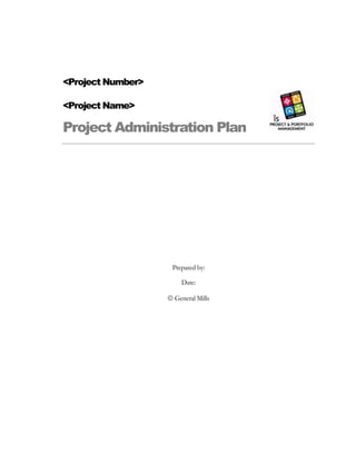 <Project Number><br /><Project Name><br />Project Administration Plan<br />Prepared by:<br />Date:<br /> General Mills<br />Purpose<br />The Project Administration Plan corresponds to what the Project Management Institute calls the Project Management Plan.  It contains (or references, if contained in separate documents) the various subsidiary management plans.  It explains how the project will be planned and managed, not how the product will be delivered.  It should be fairly complete by the time the executing stage begins.  If performance measurement metrics have been defined to monitor the project, they can be recorded here.<br />This template is a “boilerplate” of options.  For each group of statements, keep the ones that you will be using for your project and delete those that you will not.  Modify or expand the text to suit your needs.  Key combination Ctrl-Q can be used to remove the hanging indent from paragraphs once you have made your choices.<br />Use this template to record administrative information that you will not be storing in other plans (such as the Project Plan, Communications spreadsheet, or Team Members list on a SharePoint site).  Avoid duplicate entry of information, as much as possible.<br />After renaming and saving your copy of this template, click into the footer, select the filename, and press F9.  The new document name will show in the footer.  Re-save the document.<br />This box of information can be deleted once you begin work on your copy of the form.<br />Revision History<br />DateVersionDescriptionAuthor<br />Framework<br />The project will be tracked in HP PPM Center.<br />Project documents will be stored on a project-specific SharePoint site:  insert URL here.  Links to those documents will be added to the project in HP PPM Center.<br />Project documents will be stored on a team-specific SharePoint site:  insert URL here..  Links to those documents will be added to the project in HP PPM Center.<br />Project notes will be recorded directly in HP PPM Center rather than in stand-alone documents.  If it is subsequently determined that additional documents are needed, they will be stored on a team-specific SharePoint site:  insert URL here.<br />Software development will utilize the traditional/waterfall methodology.  [Details here.]<br />Software development will utilize agile methodology. [Details here: length of sprints/iterations/rounds, how work will be prioritized, who will manage the work backlog, how progress will be measured, how “done” will be defined, timing of retrospectives, who will serve as project manager and ensure that project requirements are fulfilled, what defines the end of the project—time period, budget depletion?, etc..]<br />Scope Management Plan<br />The project will undergo a technical review by the Application Architecture Review Board.<br />Developers and/or the Software Engineering Center of Excellence will be involved in the planning stage so that design improvements are incorporated into the approved scope instead of being proposed after scope has been finalized.<br />Scope change requests must be approved by the project manager.<br />Scope change requests must be approved by a Project Change Control panel consisting of the project manager, the business owner, the lead developer, insert other name here….<br />Scope change requests will be documented in a list on the project SharePoint site: insert URL here.  A link to the list will be added to the project’s References area in HP PPM Center.<br />Scope change requests will be documented in a document stored on the project SharePoint site: insert URL here.  A link to the document will be added to the project’s References area in HP PPM Center.<br />Plans and specifications will be updated to reflect approved scope changes, while still providing a record of the previous scope.<br />The project manager will evaluate all scope change requests against the triple constraints of scope, time, cost, risk, quality, and customer satisfaction.  If the impact is considered substantial by the project manager, the business owner or primary project sponsor will be provided with options and alternatives before a decision will be made.<br />Two team meetings will be scheduled approximately 1/3 and 2/3 of the way through the project to review the Project Charter—to remind ourselves of our objective, to ensure that scope is not expanding beyond approved changes, and to ensure that activities required to meet the success criteria are not forgotten.<br />Time/Cost Management Plan<br />Milestones will be used to track progress.  Milestones will be recorded in the HP PPM Center work plan and on a Dry-Erase calendar outside the project manager’s office.<br />Status reports will display three columns of dates: planned, revised, actual.<br />The project manager will define roles and responsibilities for team members and will verify that activities are being done.<br />The team will develop a common definition of activities to ensure that people know what is expected of them (e.g., testing, definition of “done” code).<br />Percent Done will not be tracked.  Instead, task statuses will be used<br />Not Started<br />In Progress<br />Completed<br />Deferred<br />Percent Done will be defined by the following system (no other values should be estimated):<br />20/80 system<br />0%Not started<br />20%In-progress<br />100%Done<br />50/50<br />0%Not started<br />50%In-progress<br />100%Done<br />0/100<br />0%Not done<br />100%Done<br />Team members will be instructed that estimates must not be padded.<br />Team members will be asked to provide a three-point estimate, in hours, for their tasks (pessimistic, optimistic, most likely) along with the factors influencing those values.<br />Capital project documents will be updated per requirements.<br />The project manager will verify that team members are spending the designated time on the project, either via observation/conversation or by reviewing the time tracking log.<br />Team members will be instructed to obtain permission from the project manager before spending project-designated time on non-project work.<br />Team members will be instructed to obtain approval in advance from the project manager for purchases charged to the cost center via their corporate charge card.<br />The project manager will use the expense reporting system to monitor charges made to the project’s cost center and will address concerns promptly.<br />The project manager will configure the Cost and Earned Value Health project setting in such a way as to provide early warning of issues, adjusting settings if needed.<br />The project manager will monitor the Project Health in HP PPM Center.<br />Quality Management Plan (and Process Improvement Plan)<br />The project will be organized so that the learnings are discussed at pre-determined points in the project schedule so that improvements in how the project (not the product) is managed can be implemented.  Detail those times here.<br />The project manager will look for opportunities to incorporate Continuous Improvement techniques into the project and to expose the team to the concepts.<br />Lessons learned will be documented throughout the project in the PPM Lessons Learned template and will be stored on the SharePoint site: insert URL here.<br />The project manager will monitor published meeting notes, watching for impacts and opportunities.<br />Historical info<br />Human Resource Management Plan<br />The impact of team member turnover (both IS and business) will be mitigated by <br />designating some project documents in the “Working Team” document library on the project SharePoint site as “Onboarding for New Team Members?”.<br />familiarizing myself in advance with the IS Sourcing and Supplier Management team’s procedures and meeting with them at the start of the project.<br />ensuring that team members are familiar with each other’s work and that backup assistance can be provided.<br />Project issues (as opposed to testing issues)<br />will be recorded in a SharePoint list: insert URL here.<br />will be recorded in the PPM Decisions_Issues Template and will be stored on the SharePoint site: insert URL here.<br />Team members will list their vacation dates on the team calendar (SharePoint site calendar?  team’s Dry-Erase calendar? Excel spreadsheet?) and will advise the project manager by email.<br />A vacation-free-zone will be established x weeks before the planned Go Live date and x weeks after that date with necessary exceptions granted by the project manager.  Team members will be advised of this when asked to join the project team.<br />Team members, including the project manager, will list their planned vacations (outside of the vacation-free-zone) on the team calendar (SharePoint site calendar?  team’s Dry-Erase calendar? Excel spreadsheet?) prior to mm/dd/yy so that task dependencies and impacts on the triple constraint can be evaluated.  Vacation requests after that date should be sent to the project manager by email for approval.<br />The following events will be marked by celebrations or team-building events:<br />team formation<br />project kickoff between the planning and execution stages<br />end of each major deliverable<br />project close out<br />The project manager will review the Rewards and Recognition website prior to project start.<br />Communication Management Plan<br />The Communication Plan itself will be described in the Project Plan.<br />The Communication Plan will be stored in a separate document stored at this location: xxxxxxx <br />Technical/design issues and decisions that team members need to reference<br />will be recorded in a SharePoint list: insert URL here.<br />will be recorded in the PPM Decisions_Issues Template and will be stored on our SharePoint site.<br />The project manager will identify the communication preferences of the business sponsor and other key stakeholders prior to creating the Communication Plan.  Shortly after the start of the execution stage, the project manager will check in with the same people to determine whether they’d prefer any communication adjustments.<br />Meetings with participants from multiple time zones will be conducted primarily at this time <br />xx:xx hours Minneapolis Time <br />xx:xx hours Mumbai Time<br />xx:xx hours UK Time<br />etc.<br />Problems or issues should be logged in the SharePoint Issues/Decisions list as soon as they are encountered.  Project leaders (team leads and project manager) should sign up for immediate alerts; all other team members should sign up for daily alerts.<br />Problems or issues should be brought to the attention of the project manager (how and when?).<br />Problems or issues should be brought to the attention of the appropriate team lead (how and when?) who will (do what?).<br />Risk Management Plan<br />Risks will be recorded in a SharePoint list.<br />Risks will be recorded in the PPM Risk Assessment template and will be stored on the SharePoint site.<br />Risks will be compiled by the entire team during a guided work session. <br />Risks will be compiled by the Project Manager.<br />The following Risk Management activities will be done on this project:<br />,[object Object]