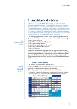 | the way we see it




                      2 Ambition is the driver
                       The choice for a specific PPM solution highly depends on the local
                       situation, goals and ambitions. The present PPM market offers tools that
                       provide support for a range of aspects and processes within the projects.
                       When implementing a PPM solution a clear choice is needed which aspects
                       and processes will be supported. In this chapter the outcomes of the survey
                       are structured based on six implementation scopes. These implementation
                       scopes are based on logical combinations of processes. For each process the
                       average score of the participating solutions is mentioned.
                       The process reference model was used to indicate which functional areas and
                       processes should be taken into account in each of these implementation scopes.
                      Scope 1: Project Delivery
           Six
                      Scope 2: Project and Resource Management
implementation
                      Scope 3: Project Based Working
        scopes
                      Scope 4: Project and Programme Governance
                      Scope 5: Project Portfolio Management
                      Scope 6: All processes
                       Each scope builds upon the functional areas and processes of the previous
                       implementation scope, except for the project portfolio management scope. It is
                       possible to implement a tool to support Project Portfolio Management, before
                       processes like Project Management or Time Reporting are implemented.
                       Functional areas already discussed in previous implementation scopes will not
                       be discussed again.


                      2.1     Scope 1: Project Delivery
                        The ambition of the organization in scope 1 is to:
      Focus on     implement a PPM tool to support the project management processes;
    supporting     gather all relevant project information in one place and
     individual    being able to report on individual projects from a central point.
       projects
                       A centralized solution is implemented to enable control on multiple projects.
                       The focus however lies on optimizing the support for individual projects.




                                                                                                        8
 
