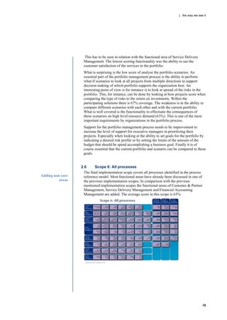 | the way we see it




                    This has to be seen in relation with the functional area of Service Delivery
                   Management. The lowest scoring functionality was the ability to see the
                   customer satisfaction of the services in the portfolio.
                   What is surprising is the low score of analyse the portfolio scenarios. An
                   essential part of the portfolio management process is the ability to perform
                   what-if scenarios to look at all projects from multiple directions to support
                   decision making of which portfolio supports the organization best. An
                   interesting point of view is for instance is to look at spread of the risks in the
                   portfolio. This, for instance, can be done by looking at how projects score when
                   comparing the type of risks to the return on investments. Within the
                   participating solutions there is 67% coverage. The weakness is in the ability to
                   compare different scenarios with each other and with the current portfolio.
                   What is well covered is the functionality to effectuate the consequences of
                   these scenarios on high level resource demand (63%). This is one of the most
                   important requirements by organizations in the portfolio process.
                   Support for the portfolio management process needs to be improvement to
                   increase the level of support for executive managers in prioritizing their
                   projects. Especially when looking at the ability to set goals for the portfolio by
                   indicating a desired risk profile or by setting the limits of the amount of the
                   budget that should be spend accomplishing a business goal. Finally it is of
                   course essential that the current portfolio and scenario can be compared to these
                   goals.


                  2.6      Scope 6: All processes
                    The final implementation scope covers all processes identified in the process
Adding non core     reference model. Most functional areas have already been discussed in one of
          areas     the previous implementation scopes. In comparison with the previous
                    mentioned implementation scopes the functional areas of Customer & Partner
                    Management, Service Delivery Management and Financial Accounting
                    Management are added. The average score in this scope is 63%.




                                                                                                    19
 