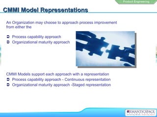 CMMI Model Representations
 An Organization may choose to approach process improvement
 from either the

  Process capability approach
  Organizational maturity approach




 CMMI Models support each approach with a representation
  Process capability approach - Continuous representation
  Organizational maturity approach -Staged representation
 