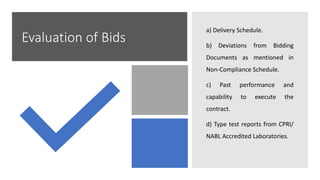 Evaluation of Bids
a) Delivery Schedule.
b) Deviations from Bidding
Documents as mentioned in
Non-Compliance Schedule.
c) Past performance and
capability to execute the
contract.
d) Type test reports from CPRI/
NABL Accredited Laboratories.
 