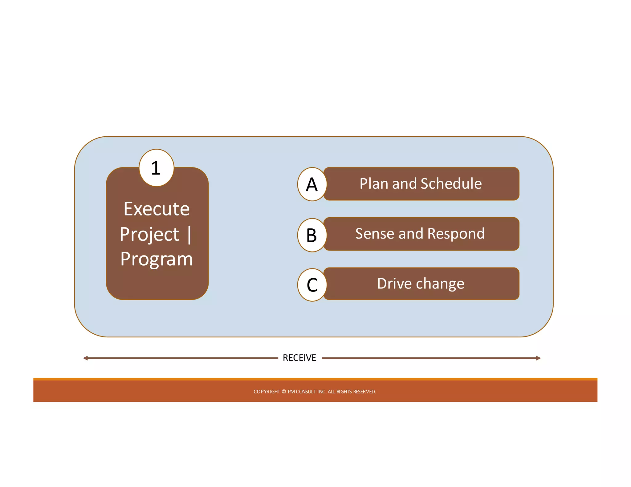 COPYRIGHT	©	PM	CONSULT	INC.	ALL	RIGHTS	RESERVED.
Execute	
Project	|	
Program
1
Plan	and	Schedule
Sense	and	Respond
Drive	change
A
B
C
RECEIVE
 