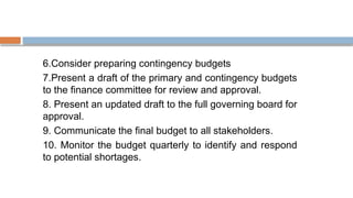 6.Consider preparing contingency budgets
7.Present a draft of the primary and contingency budgets
to the finance committee for review and approval.
8. Present an updated draft to the full governing board for
approval.
9. Communicate the final budget to all stakeholders.
10. Monitor the budget quarterly to identify and respond
to potential shortages.
 