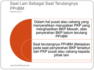 Saat Lain Sebagai Saat Terutangnya
PPnBM
PER-8/PJ/2010
Dalam hal pusat atau cabang yang
menyerahkan merupakan PKP yang
menghasilkan BKP Mewah, atas
penyerahan BKP belum terutang
PPnBM
Saat terutangnya PPnBM ditetapkan
pada saat penyerahan BKP tersebut
dari PKP pusat atau cabang kepada
pihak lain
www.DudiWahyudi.com
 