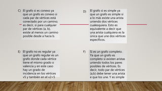 El grafo si es conexo ya
que un grafo es conexo si
cada par de vértices está
conectado por un camino;
es decir, si para cualquier
par de vértices (a, b),
existe al menos un camino
posible desde a hacia b.
C) D) El grafo si es simple ya
que un grafo es simple si
a lo más existe una arista
uniendo dos vértices
cualesquiera. Esto es
equivalente a decir que
una arista cualquiera es la
única que une dos vértices
específicos.
E) El grafo no es regular ya
que un grafo regular es un
grafo donde cada vértice
tiene el mismo grado o
valencia y en este caso
hay un grado de
incidencia en los vértices
v5 y también en el v2=5
F) Si es un grafo completo.
Ya que un grafo es
completo si existen aristas
uniendo todos los pares
posibles de vértices. Es
decir, todo par de vértices
(a,b) debe tener una arista
e que los une. Y es simple
 