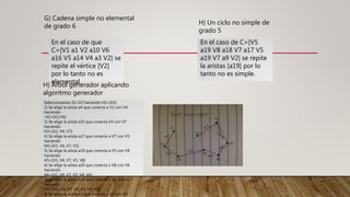 G) Cadena simple no elemental
de grado 6
En el caso de que
C=[V1 a1 V2 a10 V6
a16 V5 a14 V4 a3 V2] se
repite el vértice [V2]
por lo tanto no es
elemental.
H) Árbol generador aplicando
algoritmo generador
En el caso de C=[V5
a19 V8 a18 V7 a17 V5
a19 V7 a9 V2] se repite
la aristas [a19] por lo
tanto no es simple.
Seleccionamos S1=V1 haciendo H1=[V1]
2) Se elige la arista a4 que conecta a V1 con V4
haciendo
H2=[V1,V4]
3) Se elige la arista a15 que conecta V4 con V7
haciendo
H3=[V1, V4, V7]
4) Se elige la arista a17 que conecta a V7 con V5
haciendo
H4=[V1, V4, V7, V5]
5) Se elige la arista a19 que conecta a V5 con V8
haciendo
H5=[V1, V4, V7, V5, V8]
6) Se elige la arista a20 que conecta a V8 con V6
haciendo
H6=[V1, V4, V7, V5, V8, V6]
7) Se elige la arista a10 que conecta a V6 con v2
haciendo
H7=[V1, V4, V7, V5, V8, V6 ,V2]
8) Se elige la arista a3 que conecta a V2 con V3
H) Un ciclo no simple de
grado 5
 