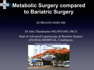 Metabolic Surgery compared 
to Bariatric Surgery 
Dr PRAVIN JOHN MS 
Dr John Thanakumar MS,MNAMS, FRCS 
Dept of Advanced Laparoscopy & Bariatric Surgery 
ANURAG HOSPITAL, Coimbatore. 
·www.anuraghospital.com 
 