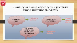 1. KHÁI QUÁT CHUNG VỀ CÁC QUY LUẬT CƠ BẢN
TRONG TRIẾT HỌC MÁC-LÊNIN
QL LƯỢNG
CHẤT
QL THỐNG
NHẤT VÀ ĐẤU
TRANH GIỮA
CÁC MẶT ĐỐI
LẬP
QL PHỦ ĐỊNH
CỦA PHỦ ĐỊNH
 
