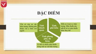 ĐẶC ĐIỂM
Tính
phổ biến
Tính phong
phú, đa
dạng
Tính
khách
quan
Vốn có của sự vật,
hiện tượng. Không phụ
thuộc vào ý thức con
người
Diễn ra ở mọi sv, hiện
tượng. Mâu thuẫn này
mất đi sẽ có mâu thuẫn
khác thay thế
Có thể có nhiều mâu thuẫn
trong một sự vật hiện tượng...
 