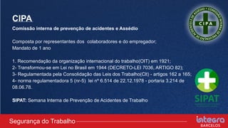 CIPA
Comissão interna de prevenção de acidentes e Assédio
Composta por representantes dos colaboradores e do empregador;
Mandato de 1 ano
1. Recomendação da organização internacional do trabalho(OIT) em 1921;
2- Transformou-se em Lei no Brasil em 1944 (DECRETO-LEI 7036, ARTIGO 82);
3- Regulamentada pela Consolidação das Leis dos Trabalho(Clt) - artigos 162 a 165;
4- norma regulamentadora 5 (nr-5) lei nº 6.514 de 22.12.1978 - portaria 3.214 de
08.06.78.
SIPAT: Semana Interna de Prevenção de Acidentes de Trabalho
Segurança do Trabalho
 
