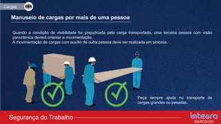 Manuseio de cargas por mais de uma pessoa
Peça sempre ajuda no transporte de
cargas grandes ou pesadas.
Quando a condição de visibilidade for prejudicada pela carga transportada, uma terceira pessoa com visão
panorâmica deverá orientar a movimentação.
A movimentação de cargas com auxílio de outra pessoa deve ser realizada em sintonia.
Segurança do Trabalho
Cargas
 