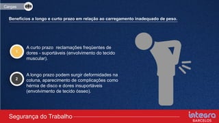 • A curto prazo reclamações freqüentes de
dores - suportáveis (envolvimento do tecido
muscular).
• A longo prazo podem surgir deformidades na
coluna, aparecimento de complicações como
hérnia de disco e dores insuportáveis
(envolvimento de tecido ósseo).
1
2
Segurança do Trabalho
Cargas
Benefícios a longo e curto prazo em relação ao carregamento inadequado de peso.
 