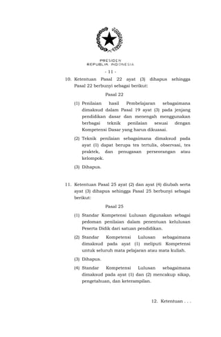 - 11 10. Ketentuan

Pasal

22

ayat

(3)

dihapus

sehingga

Pasal 22 berbunyi sebagai berikut:
Pasal 22
(1) Penilaian

hasil

Pembelajaran

sebagaimana

dimaksud dalam Pasal 19 ayat (3) pada jenjang
pendidikan dasar dan menengah menggunakan
berbagai

teknik

penilaian

sesuai

dengan

Kompetensi Dasar yang harus dikuasai.
(2) Teknik penilaian sebagaimana dimaksud pada
ayat (1) dapat berupa tes tertulis, observasi, tes
praktek,

dan

penugasan

perseorangan

atau

kelompok.
(3) Dihapus.

11. Ketentuan Pasal 25 ayat (2) dan ayat (4) diubah serta
ayat (3) dihapus sehingga Pasal 25 berbunyi sebagai
berikut:
Pasal 25
(1) Standar Kompetensi Lulusan digunakan sebagai
pedoman penilaian dalam penentuan kelulusan
Peserta Didik dari satuan pendidikan.
(2) Standar

Kompetensi

Lulusan

sebagaimana

dimaksud pada ayat (1) meliputi Kompetensi
untuk seluruh mata pelajaran atau mata kuliah.
(3) Dihapus.
(4) Standar

Kompetensi

Lulusan

sebagaimana

dimaksud pada ayat (1) dan (2) mencakup sikap,
pengetahuan, dan keterampilan.

12. Ketentuan . . .

 