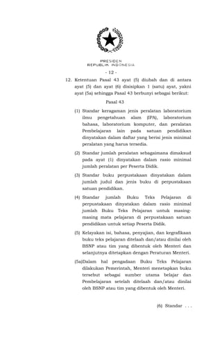 - 12 12. Ketentuan Pasal 43 ayat (5) diubah dan di antara
ayat (5) dan ayat (6) disisipkan 1 (satu) ayat, yakni
ayat (5a) sehingga Pasal 43 berbunyi sebagai berikut:
Pasal 43
(1) Standar keragaman jenis peralatan laboratorium
ilmu

pengetahuan

alam

(IPA),

laboratorium

bahasa, laboratorium komputer, dan peralatan
Pembelajaran

lain

pada

satuan

pendidikan

dinyatakan dalam daftar yang berisi jenis minimal
peralatan yang harus tersedia.
(2) Standar jumlah peralatan sebagaimana dimaksud
pada ayat (1) dinyatakan dalam rasio minimal
jumlah peralatan per Peserta Didik.
(3) Standar buku perpustakaan dinyatakan dalam
jumlah judul dan jenis buku di perpustakaan
satuan pendidikan.
(4) Standar

jumlah

Buku

Teks

Pelajaran

di

perpustakaan dinyatakan dalam rasio minimal
jumlah

Buku

Teks

Pelajaran untuk

masing-

masing mata pelajaran di perpustakaan satuan
pendidikan untuk setiap Peserta Didik.
(5) Kelayakan isi, bahasa, penyajian, dan kegrafikaan
buku teks pelajaran ditelaah dan/atau dinilai oleh
BSNP atau tim yang dibentuk oleh Menteri dan
selanjutnya ditetapkan dengan Peraturan Menteri.
(5a)Dalam

hal

pengadaan

Buku

Teks

Pelajaran

dilakukan Pemerintah, Menteri menetapkan buku
tersebut

sebagai

sumber

utama

belajar

dan

Pembelajaran setelah ditelaah dan/atau dinilai
oleh BSNP atau tim yang dibentuk oleh Menteri.

(6) Standar . . .

 