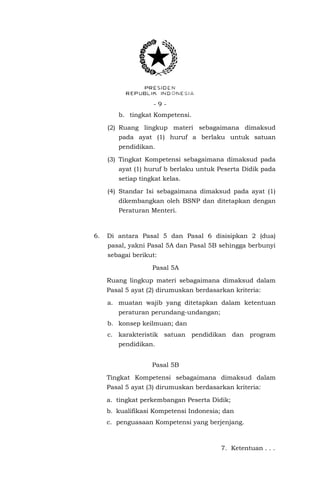-9b. tingkat Kompetensi.
(2) Ruang lingkup materi sebagaimana dimaksud
pada ayat (1) huruf a berlaku untuk satuan
pendidikan.
(3) Tingkat Kompetensi sebagaimana dimaksud pada
ayat (1) huruf b berlaku untuk Peserta Didik pada
setiap tingkat kelas.
(4) Standar Isi sebagaimana dimaksud pada ayat (1)
dikembangkan oleh BSNP dan ditetapkan dengan
Peraturan Menteri.

6.

Di antara Pasal 5 dan Pasal 6 disisipkan 2 (dua)
pasal, yakni Pasal 5A dan Pasal 5B sehingga berbunyi
sebagai berikut:
Pasal 5A
Ruang lingkup materi sebagaimana dimaksud dalam
Pasal 5 ayat (2) dirumuskan berdasarkan kriteria:
a. muatan wajib yang ditetapkan dalam ketentuan
peraturan perundang-undangan;
b. konsep keilmuan; dan
c. karakteristik satuan pendidikan dan program
pendidikan.
Pasal 5B
Tingkat Kompetensi sebagaimana dimaksud dalam
Pasal 5 ayat (3) dirumuskan berdasarkan kriteria:
a. tingkat perkembangan Peserta Didik;
b. kualifikasi Kompetensi Indonesia; dan
c. penguasaan Kompetensi yang berjenjang.

7. Ketentuan . . .

 