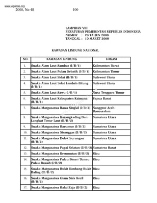 www.legalitas.org 
2008, No 48 100 
LAMPIRAN VIII 
PERATURAN PEMERINTAH REPUBLIK INDONESIA 
NOMOR : 26 TAHUN 2008 
TANGGAL : 10 MARET 2008 
KAWASAN LINDUNG NASIONAL 
NO. KAWASAN LINDUNG LOKASI 
1. Suaka Alam Laut Sambas (I/B/1) Kalimantan Barat 
2. Suaka Alam Laut Pulau Sebatik (I/B/1) Kalimantan Timur 
3. Suaka Alam Laut Sidat (II/B/1) Sulawesi Utara 
4. Suaka Alam Laut Selat Lembeh-Bitung 
www.legalitas.org 
(I/B/1) 
Sulawesi Utara 
5. Suaka Alam Laut Sawu (I/B/1) Nusa Tenggara Timur 
6. Suaka Alam Laut Kabupaten Kaimana 
(II/B/1) 
Papua Barat 
7. Suaka Margasatwa Rawa Singkil (I/B/2) Nanggroe Aceh 
Darussalam 
8. Suaka Margasatwa Karangkading Dan 
Langkat Timur Laut (II/B/2) 
Sumatera Utara 
9. Suaka Margasatwa Barumun (I/B/2) Sumatera Utara 
10. Suaka Margasatwa Siranggas (II/B/2) Sumatera Utara 
11. Suaka Margasatwa Dolok Surungan 
(II/B/2) 
Sumatera Utara 
12. Suaka Margasatwa Pagai Selatan (II/B/2) Sumatera Barat 
13. Suaka Margasatwa Kerumutan (II/B/2) Riau 
14. Suaka Margasatwa Pulau Besar/Danau 
Pulau Bawah (I/B/2) 
Riau 
15. Suaka Margasatwa Bukit Rimbang-Bukit 
Baling (III/B/2) 
Riau 
16. Suaka Margasatwa Giam Siak Kecil 
(II/B/2) 
Riau 
17. Suaka Margasatwa Balai Raja (II/B/2) Riau 
 