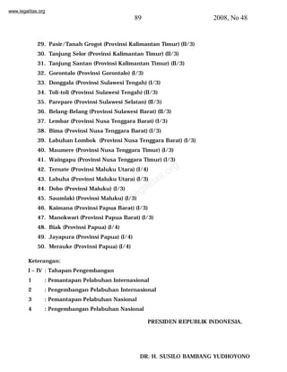 www.legalitas.org 
89 2008, No 48 
29. Pasir/Tanah Grogot (Provinsi Kalimantan Timur) (II/3) 
30. Tanjung Selor (Provinsi Kalimantan Timur) (II/3) 
31. Tanjung Santan (Provinsi Kalimantan Timur) (II/3) 
32. Gorontalo (Provinsi Gorontalo) (I/3) 
33. Donggala (Provinsi Sulawesi Tengah) (I/3) 
34. Toli-toli (Provinsi Sulawesi Tengah) (II/3) 
35. Parepare (Provinsi Sulawesi Selatan) (II/3) 
36. Belang-Belang (Provinsi Sulawesi Barat) (II/3) 
37. Lembar (Provinsi Nusa Tenggara Barat) (I/3) 
38. Bima (Provinsi Nusa Tenggara Barat) (I/3) 
39. Labuhan Lombok (Provinsi Nusa Tenggara Barat) (I/3) 
40. Maumere (Provinsi Nusa Tenggara Timur) (I/3) 
41. Waingapu (Provinsi Nusa Tenggara Timur) 42. Ternate (Provinsi Maluku Utara) legalitas.(I/4) 
org 
(I/3) 
43. Labuha (Provinsi Maluku Utara) (I/3) 
44. Dobo (Provinsi Maluku) (I/3) 
45. Saumlaki (Provinsi Maluku) www.(I/3) 
46. Kaimana (Provinsi Papua Barat) (I/3) 
47. Manokwari (Provinsi Papua Barat) (I/3) 
48. Biak (Provinsi Papua) (I/4) 
49. Jayapura (Provinsi Papua) (I/4) 
50. Merauke (Provinsi Papua) (I/4) 
Keterangan: 
I – IV : Tahapan Pengembangan 
1 : Pemantapan Pelabuhan Internasional 
2 : Pengembangan Pelabuhan Internasional 
3 : Pemantapan Pelabuhan Nasional 
4 : Pengembangan Pelabuhan Nasional 
PRESIDEN REPUBLIK INDONESIA, 
DR. H. SUSILO BAMBANG YUDHOYONO 
 