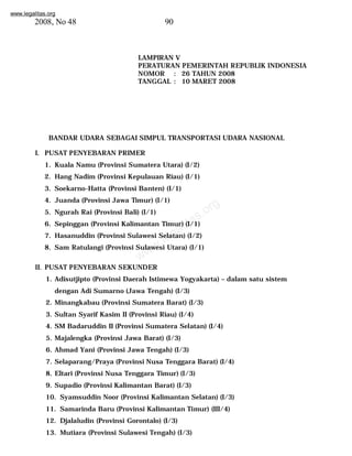www.legalitas.org 
2008, No 48 90 
LAMPIRAN V 
PERATURAN PEMERINTAH REPUBLIK INDONESIA 
NOMOR : 26 TAHUN 2008 
TANGGAL : 10 MARET 2008 
BANDAR UDARA SEBAGAI SIMPUL TRANSPORTASI UDARA NASIONAL 
I. PUSAT PENYEBARAN PRIMER 
1. Kuala Namu (Provinsi Sumatera Utara) (I/2) 
2. Hang Nadim (Provinsi Kepulauan Riau) (I/1) 
3. Soekarno-Hatta (Provinsi Banten) (I/1) 
4. Juanda (Provinsi Jawa Timur) (I/1) 
5. Ngurah Rai (Provinsi Bali) (I/1) 
6. Sepinggan (Provinsi Kalimantan Timur) (I/1) 
7. Hasanuddin (Provinsi Sulawesi Selatan) (I/2) 
8. Sam Ratulangi (Provinsi Sulawesi Utara) (I/1) 
www.legalitas.org 
II. PUSAT PENYEBARAN SEKUNDER 
1. Adisutjipto (Provinsi Daerah Istimewa Yogyakarta) – dalam satu sistem 
dengan Adi Sumarno (Jawa Tengah) (I/3) 
2. Minangkabau (Provinsi Sumatera Barat) (I/3) 
3. Sultan Syarif Kasim II (Provinsi Riau) (I/4) 
4. SM Badaruddin II (Provinsi Sumatera Selatan) (I/4) 
5. Majalengka (Provinsi Jawa Barat) (I/3) 
6. Ahmad Yani (Provinsi Jawa Tengah) (I/3) 
7. Selaparang/Praya (Provinsi Nusa Tenggara Barat) (I/4) 
8. Eltari (Provinsi Nusa Tenggara Timur) (I/3) 
9. Supadio (Provinsi Kalimantan Barat) (I/3) 
10. Syamsuddin Noor (Provinsi Kalimantan Selatan) (I/3) 
11. Samarinda Baru (Provinsi Kalimantan Timur) (III/4) 
12. Djalaludin (Provinsi Gorontalo) (I/3) 
13. Mutiara (Provinsi Sulawesi Tengah) (I/3) 
 