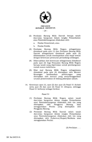 PRESIDEN
REPUBLIK INDONESIA
-24-
(21 Penilaian Barang Milik Daerah berupa tanah
dan/atau bangunan dalam rangka Pemanfaatan
atau Pemindahtanganan dilakukan oleh:
a. Penilai Pemerintah; atau
b. Penilai Publik.
(3) Penilaian Barang Milik Negara sebagaimana
dimaksud pada ayat (1) dan Penilaian Barang Milik
Daerah sebagaimana dimaksud pada ayat (2)
dilaksanakan untuk mendapatkan nilai wajar sesuai
dengan ketentuan peraturan perundang-undangan.
(41 Dikecualikan dari ketentuan sebagaimana dimaksud
pada ayat (3) bagi Penjualan Barang Milik Negara
berupa tanah yang diperlukan untuk pembangunan
rumah susun sederhana.
(5) Nilai jual Barang Milik Negara sebagaimana
dimaksud pada ayat (41 ditetapkan oleh Menteri
Keuangan berdasarkan perhitungan yang
ditetapkan oleh menteri yang menyelenggarakan
urusan pemerintahan di bidang pekerjaan umum.
16. Ketentuan ayat (1), ayat (2) dan ayat (3) Pasal 51 diubah
serta ayat (4) dan ayat (5) Pasal 51 dihapus, sehingga
Pasal 51 berbunyi sebagai berikut:
Pasal 51
(1) Penilaian Barang Milik Negara selain tanah
dan/atau bangunan dalam rangka Pemanfaatan
atau Pemindahtanganan dilakukan oleh tim yang
ditetapkan oleh Pengguna Barang, atau
menggunakan Penilai yang ditetapkan oleh
Pengguna Barang.
(2) Penilaian Barang Milik Daerah selain tanah
dan/atau bangunan dalam rangka Pemanfaatan
atau Pemindahtanganan dilakukan oleh tim yang
ditetapkan oleh Gubernur/Bupati/Walikota atau
menggunakan Penilai.
SK No 040524 A
(3) Penilaian
 
