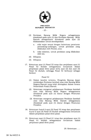 trRESIDEN
REPUELIK INDONESIA
-25-
(3) Penilaian Barang Milik Negara sebagaimana
dimaksud pada ayat (1) dan Penilaian Barang Milik
Daerah sebagaimana dimaksud pada ayat (21
dilaksanakan untuk mendapatkan :
a. nilai wajar sesuai dengan ketentuan peraturan
perundang-undangan, untuk penilaian yang
dilakukan oleh Penilai; atau
b. nilai taksiran, untuk penilaian yang dilakukan
oleh tim.
(41 Dihapus.
(5) Dihapus.
17. Ketentuan ayat (1) Pasal 52 tetap dan penjelasan ayat (1)
Pasal 52 diubah sebagaimana tercantum dalam
penjelasan pasal demi pasal serta ayat (2) dan ayat (3)
Pasal 52 diubah, sehingga Pasal 52 berbunyi sebagai
berikut:
Pasal 52
(1) Dalam kondisi tertentu, Pengelola Barang dapat
melakukan Penilaian kembali atas nilai Barang Milik
Negara/Daerah yang telah ditetapkan dalam neraca
Pemerintah Pusat/ Daerah.
(2) Ketentuan mengenai pelaksanaan Penilaian kembali
atas nilai Barang Milik Negara sebagaimana
dimaksud pada ayat (1) diatur dengan Peraturan
Presiden.
(3) Ketentuan mengenai pelaksanaan Penilaian kembali
atas nilai Barang Milik Daerah sebagaimana
dimaksud pada ayat (1) diatur dengan Peraturan
Presiden.
18. Ketentuan huruf d ayat (3) Pasal 55 tetap dan penjelasan
huruf d ayat (3) Pasal 55 diubah sebagaimana tercantum
dalam penjelasan pasal demi pasal.
19. Ketentuan ayat (1) Pasal 61 tetap dan penjelasan ayat (1)
Pasal 6L diubah sebagaimana tercantum dalam
penjelasan pasal demi pasal.
SK No 040525 A
20. Ketentuan . .
 