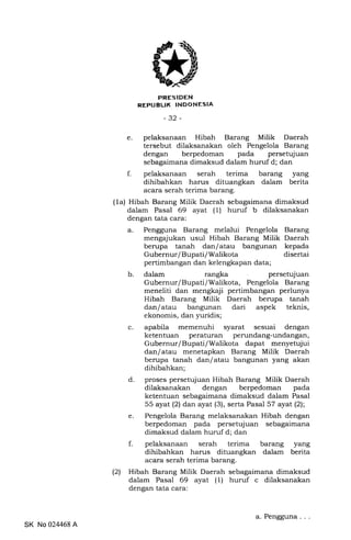FRESIDEN
REPUBLIK TNDONESIA
-32-
e. pelaksanaan Hibah Barang Milik Daerah
tersebut dilaksanakan oleh Pengelola Barang
dengan berpedoman pada persetujuan
sebagaimana dimaksud dalam huruf d; dan
f. pelaksanaan serah terima barang yang
dihibahkan harus dituangkan dalam berita
acara serah terima barang.
(1a) Hibah Barang Milik Daerah sebagaimana dimaksud
dalam Pasal 69 ayat (1) huruf b dilaksanakan
dengan tata cara:
a. Pengguna Barang melalui Pengelola Barang
mengajukan usul Hibah Barang Milik Daerah
berupa tanah dan/atau bangunan kepada
Gubernur/Bupati/Walikota disertai
pertimbangan dan kelengkapan data;
b. dalam rangka persetujuan
Gubernur/Bupati/Walikota, Pengelola Barang
meneliti dan mengkaji pertimbangan perlunya
Hibah Barang Milik Daerah berupa tanah
dan/atau bangunan dari aspek teknis,
ekonomis, dan yuridis;
c. apabila memenuhi syarat sesuai dengan
ketentuan peraturan perundang-undangan,
Gubernur/Bupati/Walikota dapat menyetujui
danlatau menetapkan Barang Milik Daerah
berupa tanah dan/atau bangunan yang akan
dihibahkan;
d. proses persetujuan Hibah Barang Milik Daerah
dilaksanakan dengan berpedoman pada
ketentuan sebagaimana dimaksud dalam Pasal
55 ayat (2) dan ayat (3), serta Pasal 57 ayat (2);
e. Pengelola Barang melaksanakan Hibah dengan
berpedoman pada persetujuan sebagaimana
dimaksud dalam huruf d; dan
f. pelaksanaan serah terima barang yang
dihibahkan harus dituangkan dalam berita
acara serah terima barang.
(2) Hibah Barang Milik Daerah sebagaimana dimaksud
dalam Pasal 69 ayat (1) huruf c dilaksanakan
dengan tata cara:
SK No 024468 A
a. Pengguna
 