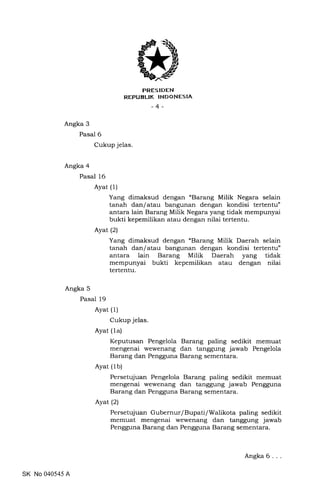 trRESIDEN
REPUELIK INDONESIA
-4-
Angka 3
Pasal 6
Cukup jelas.
Angka 4
Pasal 16
Ayat (1)
Ayat (2)
Angka 5
Pasal 19
Yang dimaksud dengan "Barang Milik Negara selain
tanah dan/atau bangunan dengan kondisi tertentu"
antara lain Barang Milik Negara yang tidak mempunyai
bukti kepemilikan atau dengan nilai tertentu.
Yang dimaksud dengan "Barang Milik Daerah selain
tanah dan/atau bangunan dengan kondisi tertentu"
antara lain Barang Milik Daerah yang tidak
mempunyai bukti kepemilikan atau dengan nilai
tertentu.
Ayat (1)
Cukup jelas.
Ayat (la)
Keputusan Pengelola Barang paling sedikit memuat
mengenai wewenang dan tanggung jawab Pengelola
Barang dan Pengguna Barang sementara.
Ayat (lb)
Persetujuan Pengelola Barang paling sedikit memuat
mengenai wewenang dan tanggung jawab Pengguna
Barang dan Pengguna Barang sementara.
Ayat (2)
Persetujuan Gubernur/Bupati/Walikota paling sedikit
memuat mengenai wewenang dan tanggung jawab
Pengguna Barang dan Pengguna Barang sementara.
SK No 040545 A
Angka6...
 