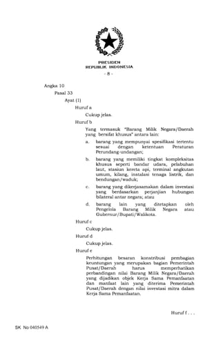 PRES IDEN
REPUBLTK |NDONES|A
-8-
Angka 10
Pasal 33
Ayat (1)
Huruf a
Cukup jelas.
Huruf b
Yang termasuk "Barang Milik Negara/Daerah
yang bersifat khusus" antara lain:
a. barang yang mempunyai spesilikasi tertentu
sesuai dengan ketentuan Peraturan
Perundang-undangan;
b. barang yang memiliki tingkat kompleksitas
khusus seperti bandar udara, pelabuhan
laut, stasiun kereta api, terminal angkutan
umum, kilang, instalasi tenaga listrik, dan
bendungan/waduk;
c. barang yang dikerjasamakan dalam investasi
yang berdasarkan perjanjian hubungan
bilateral antar negara; atau
d. barang lain yang ditetapkan oleh
Pengelola Barang Milik Negara atau
Gubernur/ Bupati / Walikota.
Huruf c
Cukup jelas.
Huruf d
Cukup jelas.
Huruf e
Perhitungan besaran konstribusi pembagian
keuntungan yang merupakan bagian Pemerintah
Pusat/Daerah harus memperhatikan
perbandingan nilai Barang Milik Negara/Daerah
yang dijadikan objek Kerja Sama Pemanfaatan
dan manfaat lain yang diterima Pemerintah
Pusat/Daerah dengan nilai investasi mitra dalam
Kerja Sama Pemanfaatan.
SK No 040549 A
Huruf f .
 