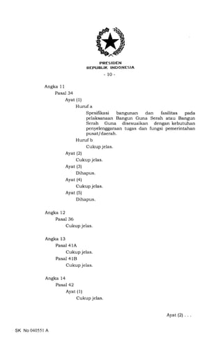 PRES IDEN
REPUBLIK INDONESIA
-10-
Angka 1 1
Pasal 34
Angka 12
Pasal 36
Cukup jelas
Angka 13
Pasal 4 1A
Cukup jelas.
Pasal 41B
Cukup jelas.
Angka 14
Pasal 42
Ayat (1)
Cukup jelas
Ayat (1)
Huruf a
Spesifikasi bangunan dan fasilitas pada
pelaksanaan Bangun Guna Serah atau Bangun
Serah Guna disesuaikan dengan kebutuhan
penyelenggaraan tugas dan fungsi pemerintahan
pusat/daerah.
Huruf b
Cukup jelas.
Ayat (2)
Cukup jelas.
Ayat (3)
Dihapus.
Ayat (a)
Cukup jelas.
Ayat (s)
Dihapus.
SK No 040551 A
Ayat (21
 