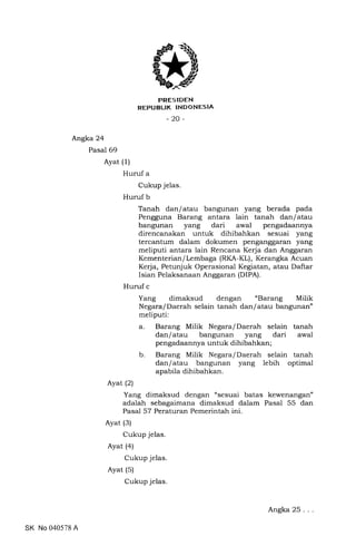 FRESIDEN
REPUBLIK INDONESIA
-20-
Angka 24
Pasal 69
Ayat (1)
Huruf a
Cukup jelas.
Huruf b
Tanah dan/atau bangunan yang berada pada
Pengguna Barang antara lain tanah dan/atau
bangunan yang dari awal pengadaannya
direncanakan untuk dihibahkan sesuai yang
tercantum dalam dokumen penganggaran yang
meliputi antara lain Rencana Kerja dan Anggaran
Kementerian/Lembaga (RI(A-KL), Kerangka Acuan
Kerja, Petunjuk Operasional Kegiatan, atau Daftar
Isian Pelaksanaan Anggaran (DIPA).
Huruf c
Yang dimaksud dengan "Barang Milik
Negara/Daerah selain tanah danlatau bangunan"
meliputi:
a. Barang Milik Negara/Daerah selain tanah
dan/atau bangunan yang dari awal
pengadaannya untuk dihibahkan ;
b. Barang Milik Negara/Daerah selain tanah
dan/atau bangunan yang lebih optimal
apabila dihibahkan.
Ayat (2)
Yang dimaksud dengan "sesuai batas kewenangan"
adalah sebagaimana dimaksud dalam Pasal 55 dan
Pasal 57 Peraturan Pemerintah ini.
Ayat (3)
Cukup jelas.
Ayat (a)
Cukup jelas.
Ayat (5)
Cukup jelas.
SK No 040578 A
Angka25...
 
